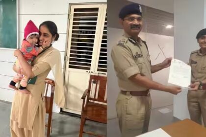 gujarat-lady-constable-takes-care-of-infant-while-mother-writes-exam-pics-goes-viral-dgp-gives-commendation-letter
