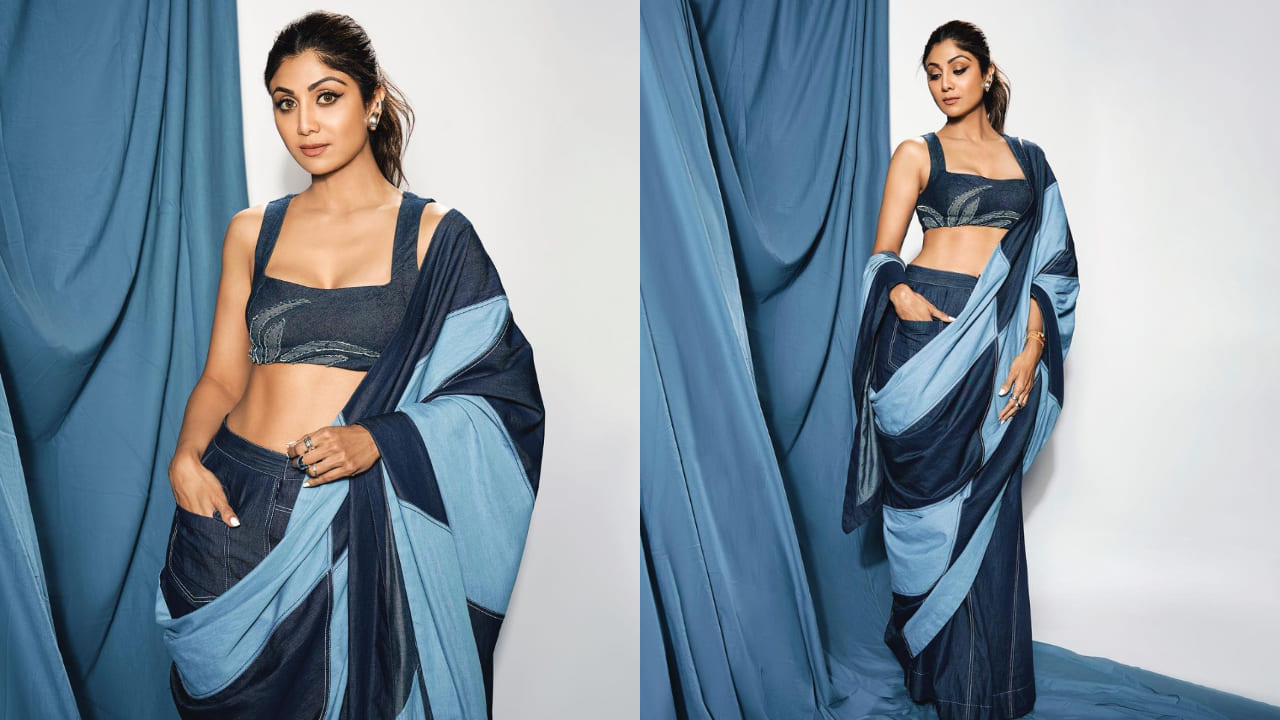 Demin Saree Trend: Want to stand out at the next wedding event, try this denim saree look by Shilpa Shetty.
